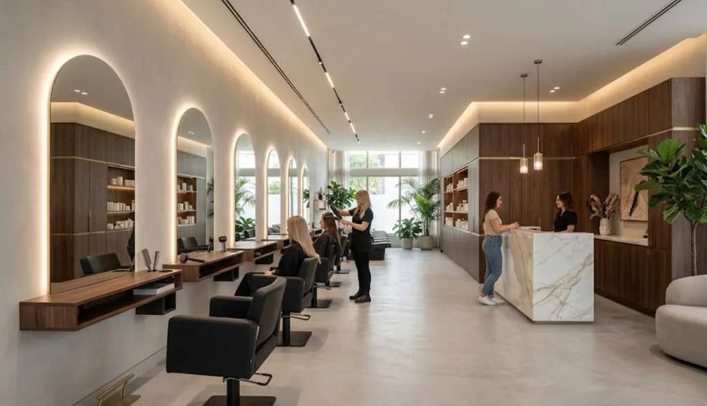 Schoonheidssalon met verlichte boogspiegels, marmeren receptiebalie en donkerhouten productrekken