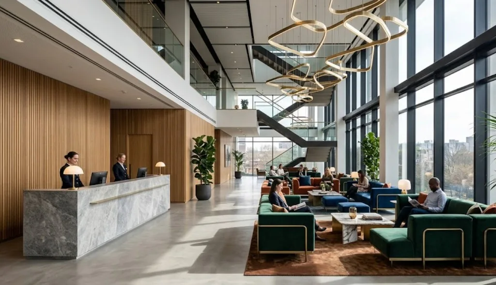 Moderne commerciële lobby met een marmeren receptiebalie, zitjes in de lounge en sculpturale hanglampen