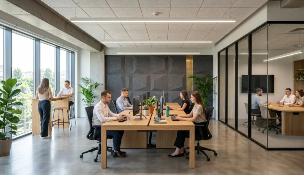 Open kantoorruimte met gemeenschappelijke bureaus, een glazen vergaderruimte en biofilische beplanting