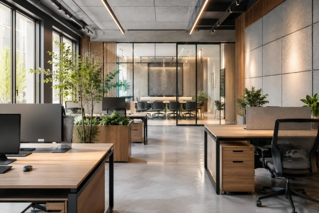 Modern kantoor met houten werkplekken, akoestische wandpanelen en een vergaderruimte met glazen wanden