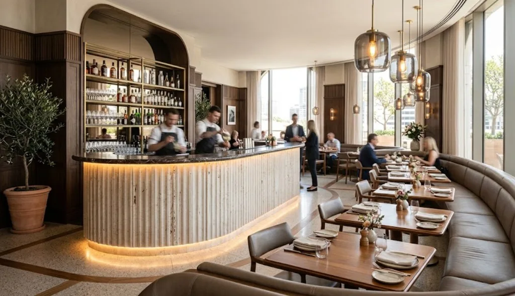 Restaurantinterieur met een gebogen, geribbelde bar, lederen bankjes en hanglampen