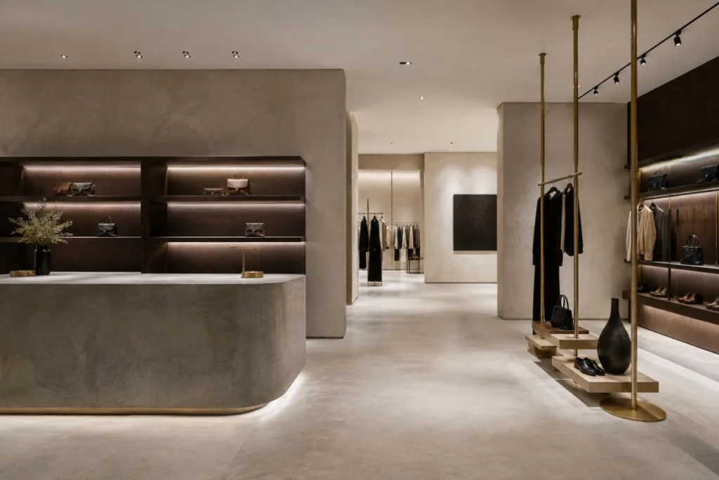 Luxe boetiek met verlichte inbouwplanken, messing kledingrekken en een stenen servicebalie