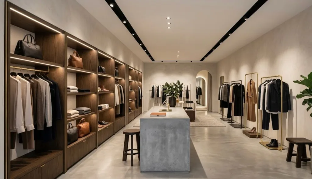 Minimalistische boetiek met donkere houten rekken, een betonnen middeneiland en kledingdisplays