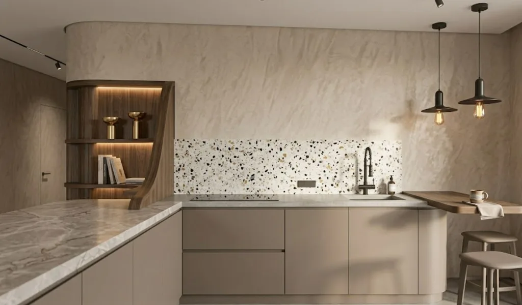 Minimalistische keuken met terrazzo-achterwand, marmeren werkbladen en gebogen walnoothouten planken