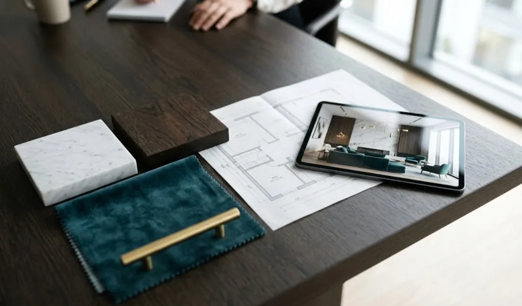 Materiaalstalen, een plattegrond en een tablet met een 3D-weergave van het interieur op het bureau van een ontwerper