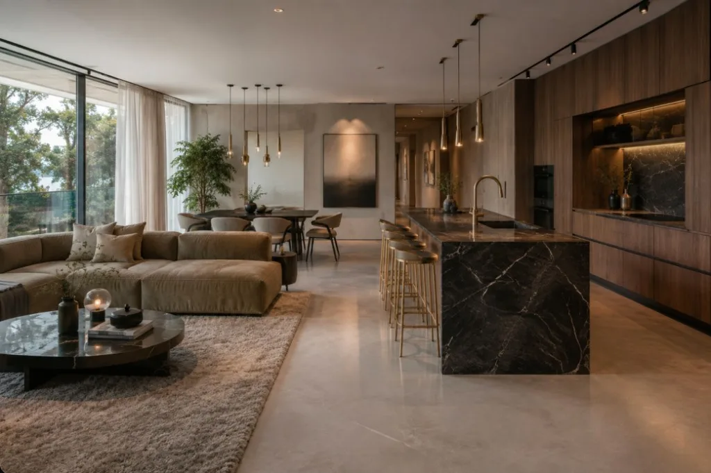 Open appartement met een donker marmeren keukeneiland, fluwelen bank en gouden hanglampen