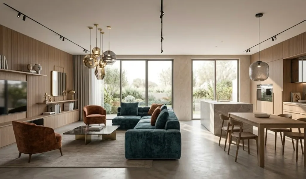 Open woonkamer en keuken met een blauwgroene bank, houten lambrisering en uitzicht op de tuin