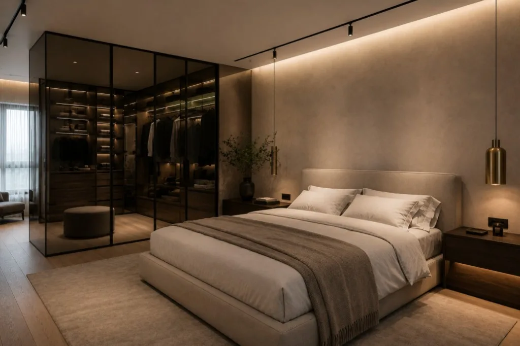Slaapkamer met een beige gestoffeerd bed, gouden hanglampen en een in glazen wanden ingeklede inloopkast