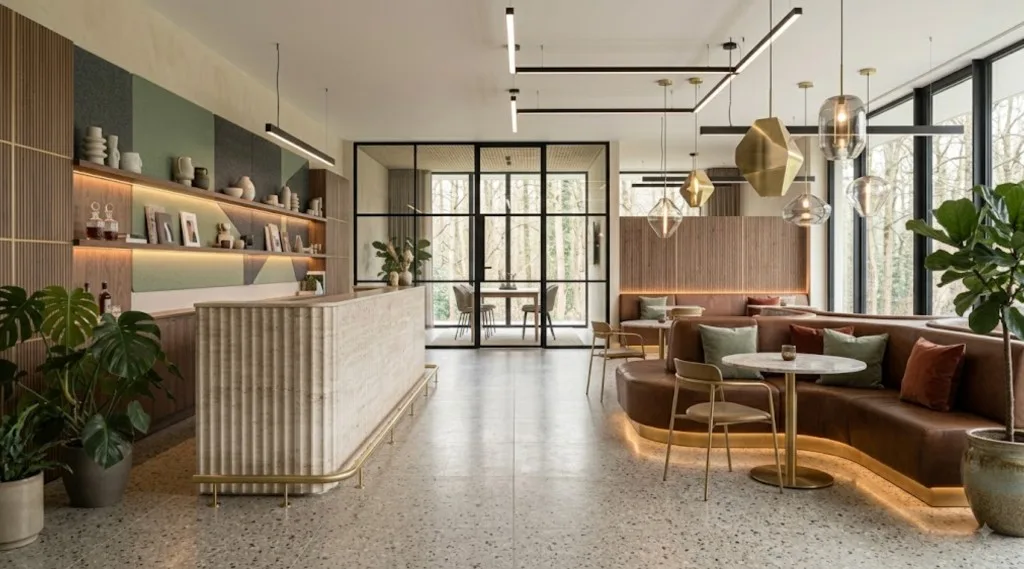 Commerciële lounge met een geribbelde receptiebalie, een bank met cognackleurig leer en een vergaderruimte met glazen wanden