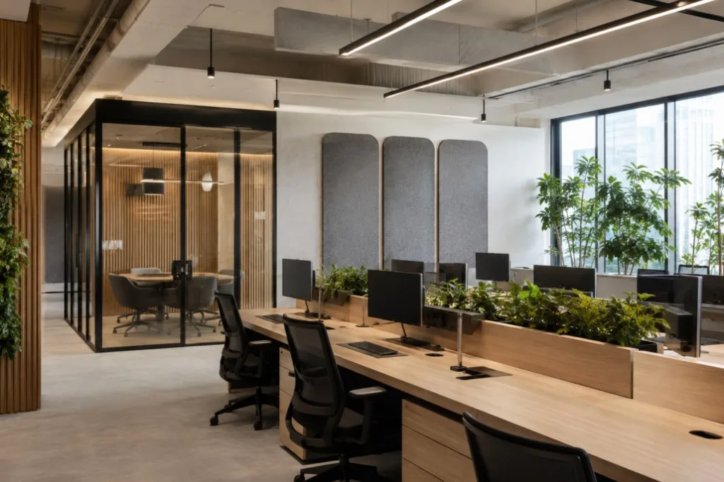 Open commerciële kantoorruimte met biofilische plantenbakken op de bureaus, glazen vergadercabines en lineaire hanglampen