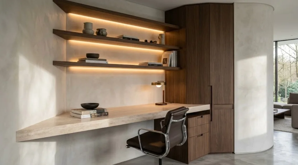 Thuiskantoor met een zwevend stenen bureau, donkere walnoothouten planken met geïntegreerde verlichting en een leren stoel
