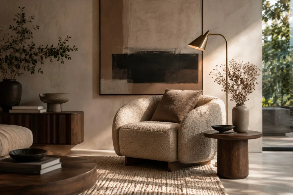 Detail van de woonkamer met een crèmekleurige bouclé-fauteuil, een messing staande lamp en abstracte kunst