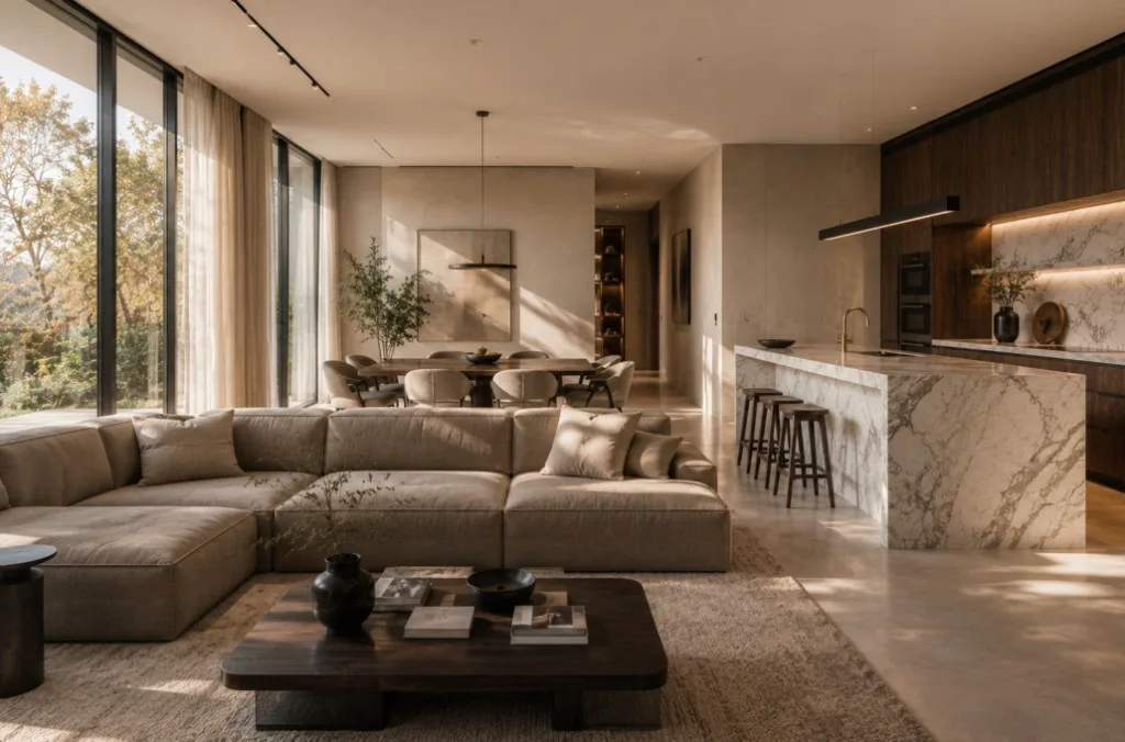 Open woonkamer en keuken met een marmeren waterval-kookeiland, een beige hoekbank en zachte architecturale verlichting