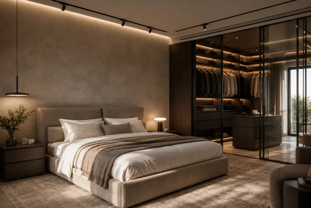 Slaapkamer met een beige gestoffeerd bed, warme koofverlichting en een met glas omheinde inloopkast