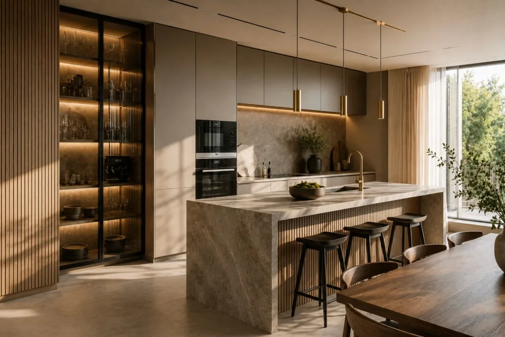 Keuken met een marmeren eiland met watervalrand, een geribbelde houten onderkast, gouden hanglampen en een verlichte glazen vitrinekast