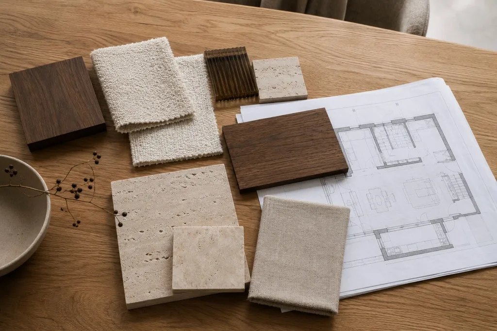 Materiaalmonsters, travertijn, stof- en houtstalen gerangschikt naast een architectonische plattegrond