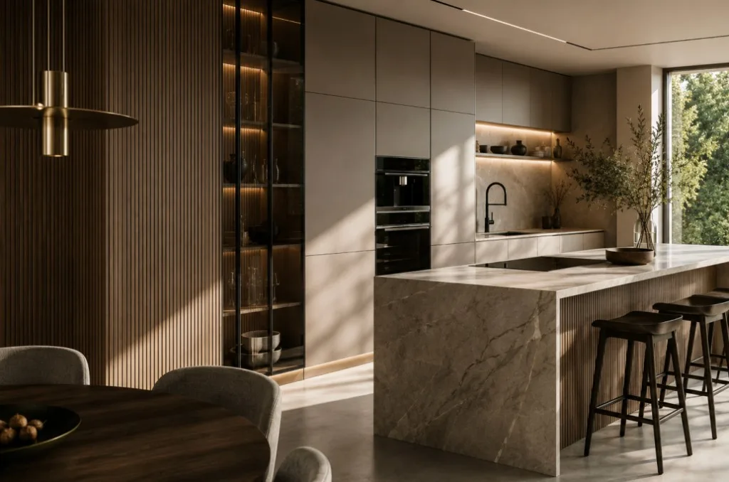 Keuken met een marmeren waterval-kookeiland, geribbelde houten onderkast, verlichte glazen vitrinekast en gouden accenten