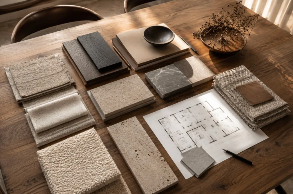Materiaalmonsters, stofstalen en een architectonische plattegrond, gerangschikt op een houten bureau
