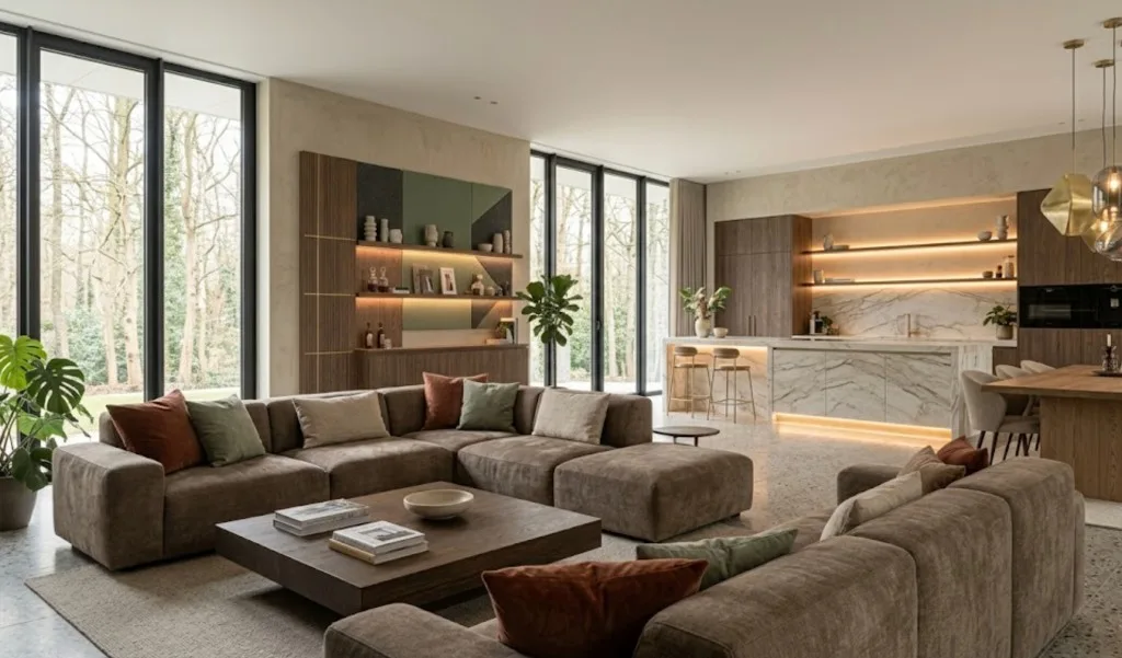 Open woonkamer en keuken met een bruine hoekbank, een marmeren kookeiland en een uitzicht op het bos dat reikt tot aan het plafond