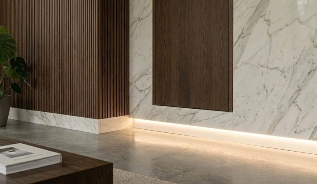 Close-up van een wand van marmer en gecanneleerd hout met warme koofverlichting aan de onderkant