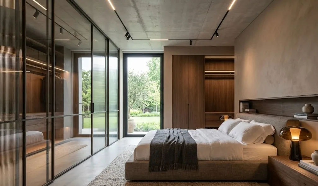 Slaapkamer met een grijs gestoffeerd bed, een amberkleurige nachtlamp en een inloopkast achter geribbelde glazen deuren