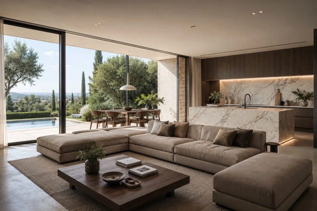 Open woonkamer en keuken die uitkomen op een zwembadterras met uitzicht op het mediterrane landschap