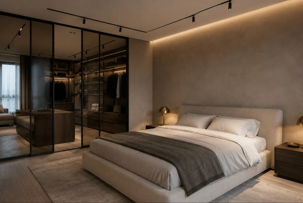 Slaapkamer met een beige gestoffeerd bed, warme koofverlichting en een glazen inloopkast