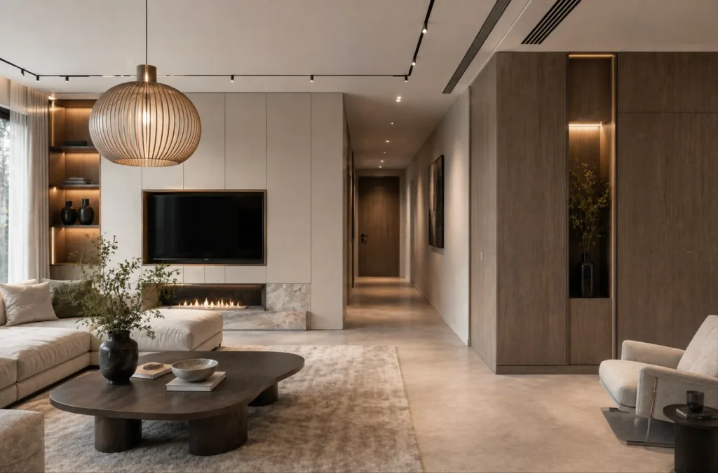 Woonkamer met een crèmekleurige bank, een marmeren open haard, een tv-wand, verlichte planken en een houten wereldbol als hanglamp