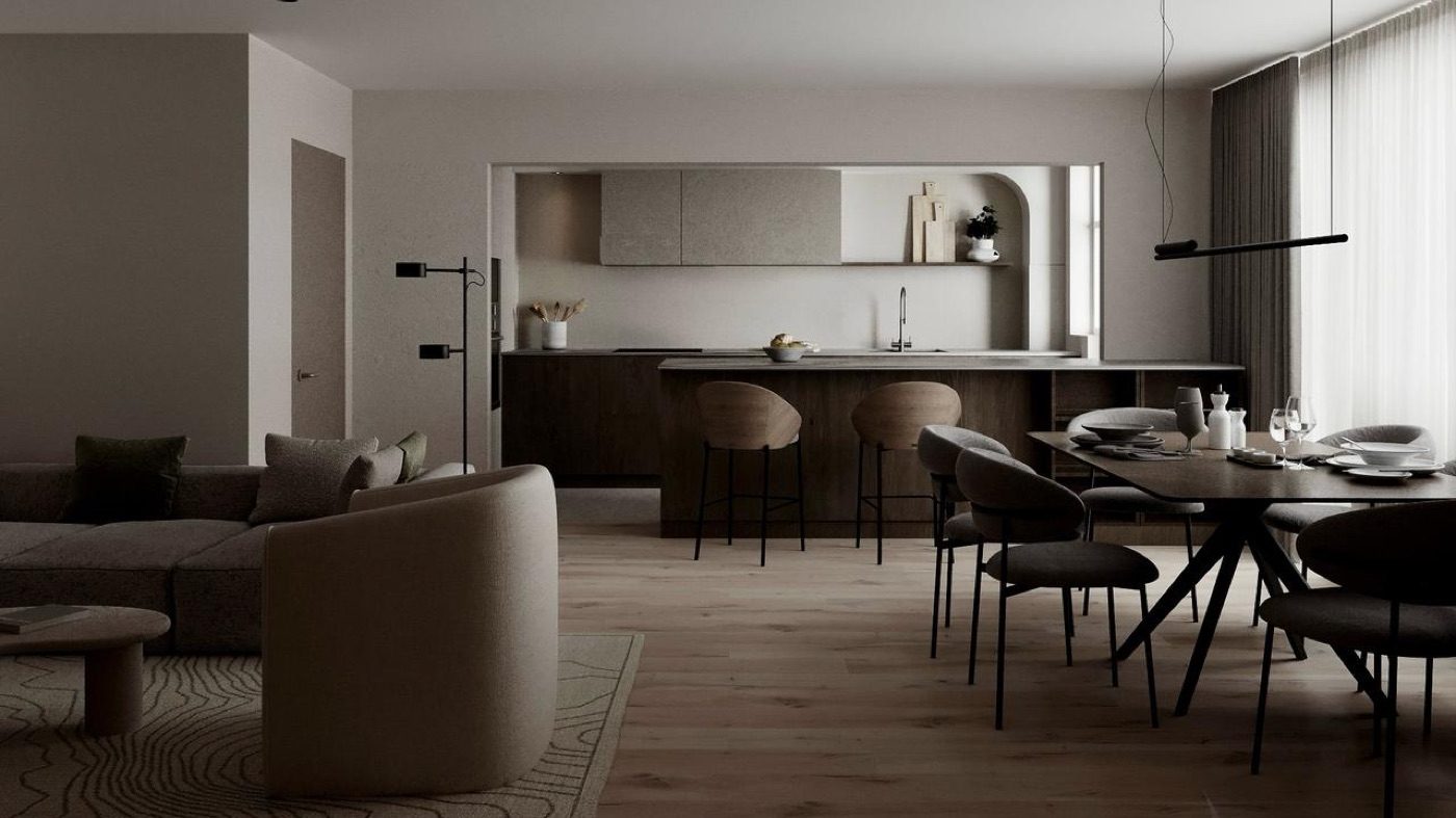 Photorealistic render of a kitchen and living area