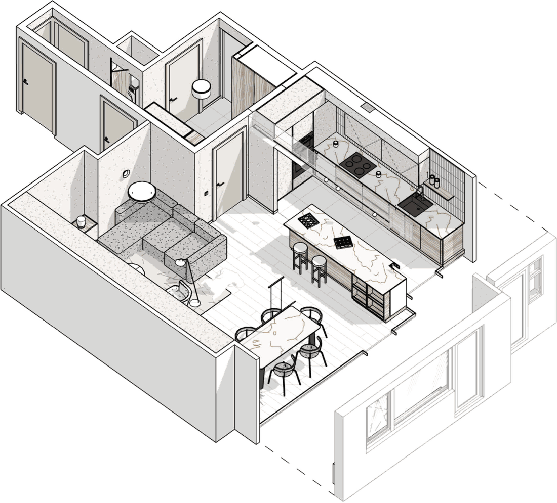 Schematic isometric view of a kitchen and living area