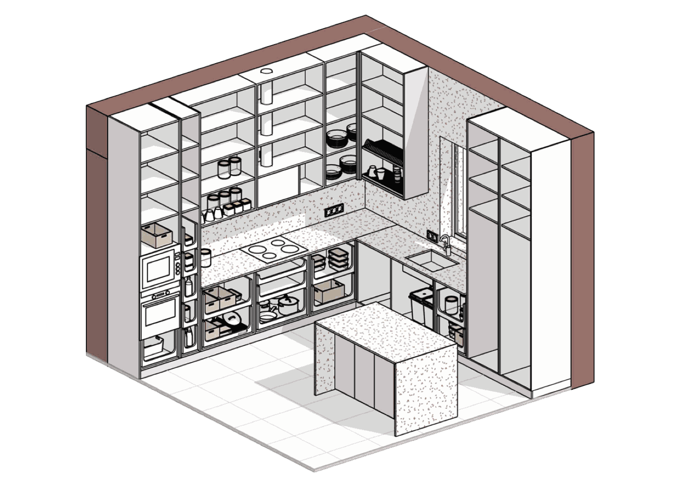 Kitchen — storage worked out to the last drawer