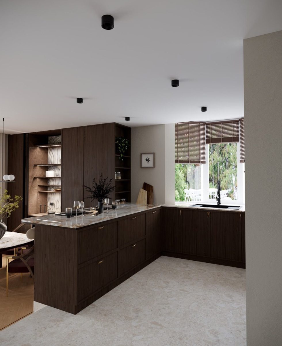 Dark wood kitchen with marble worktop