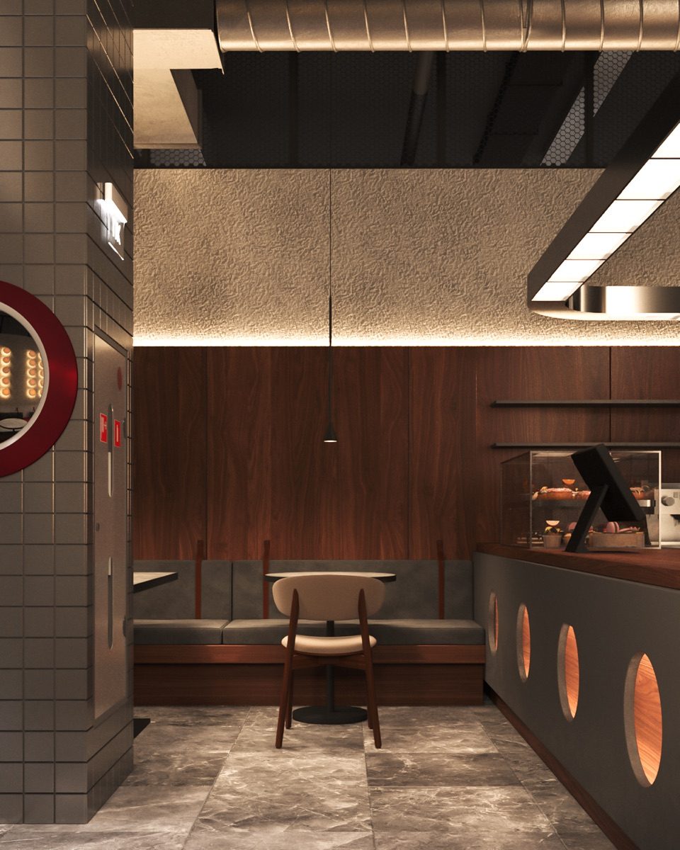 Cafe interior with warm wood panelling and backlit counter